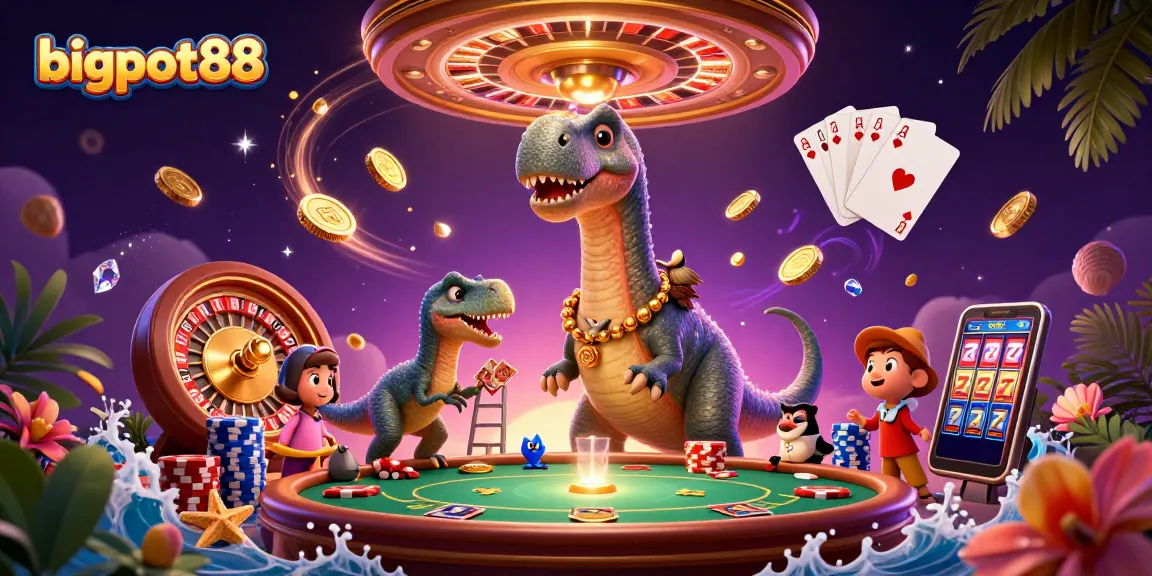 Experience the thrill of bigpot88 in a vibrant casino scene filled with colorful characters and game elements.