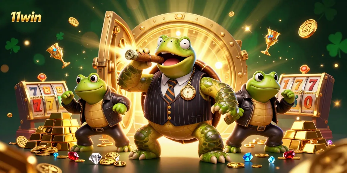 Win big at 11win with this vibrant 3D casino illustration featuring a snapping turtle and treasures.