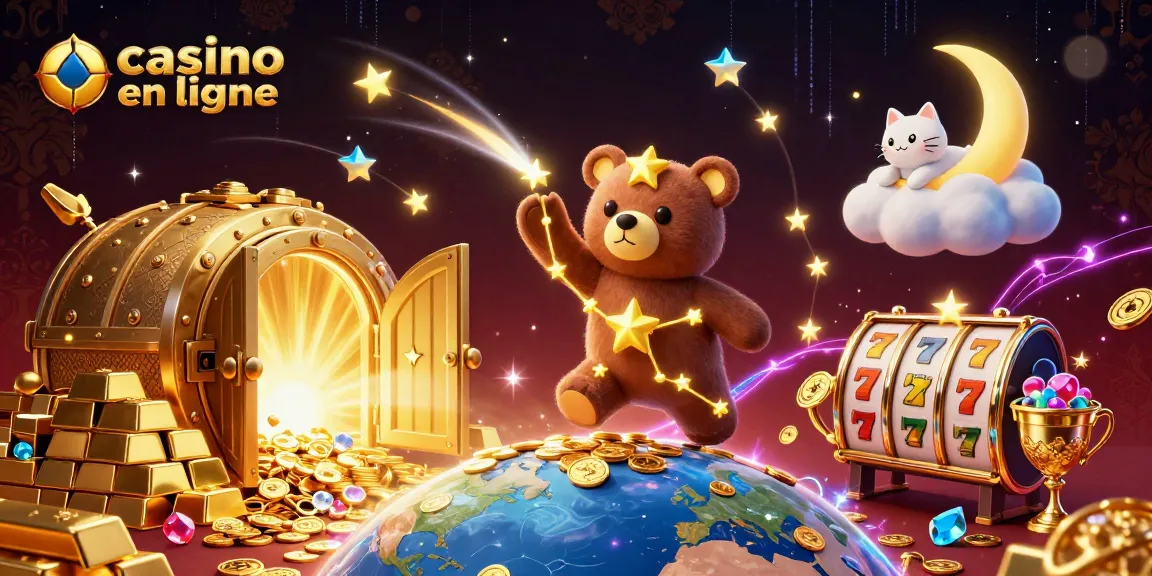 Visuel captivant de casino en ligne avec un ours constellation, poissons volants et éléments de jeu.