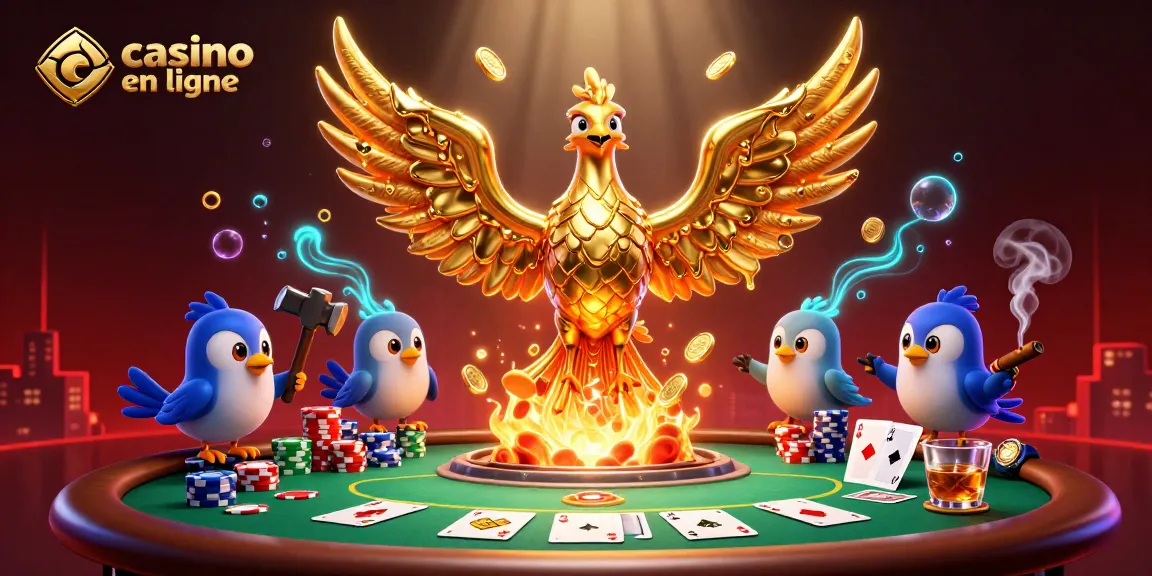 Illustration 3D dynamique de la scène de casino en ligne, avec des phoenix en or et des jetons de poker.