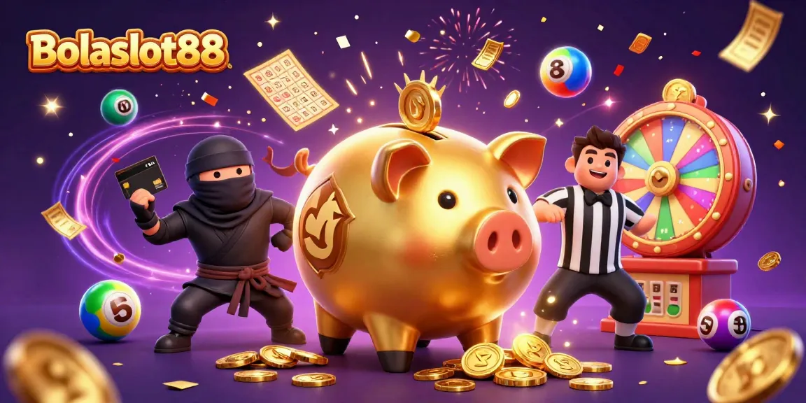 Bolaslot88 features a dynamic 3D scene with a golden piggy bank wrestler and colorful lottery elements.