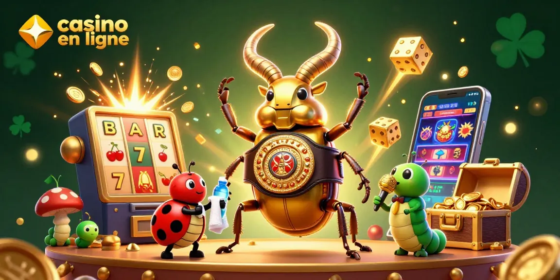 Illustration dynamique de casino en ligne avec un scarabée géant et des éléments de jeu colorés.