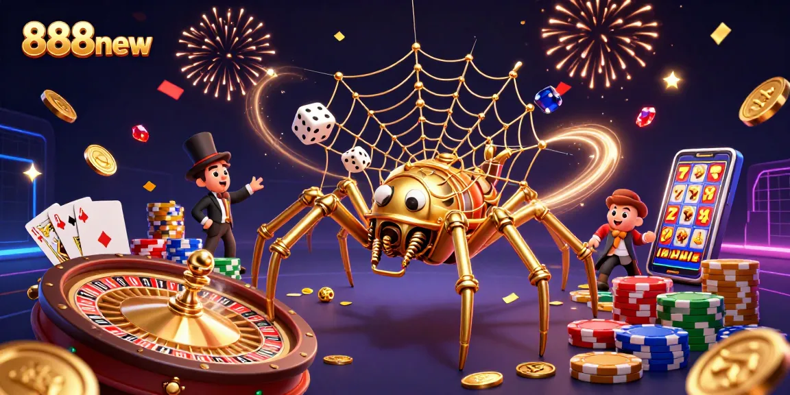 A 3D cartoon illustration of a golden spider and a fly gentleman in a casino setting, highlighting 888new games.