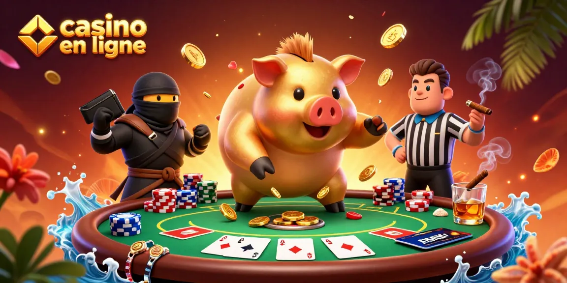 Illustration dynamique de casino en ligne avec un sumo en forme de tirelire dorée et un ninja affrontant un samouraï.