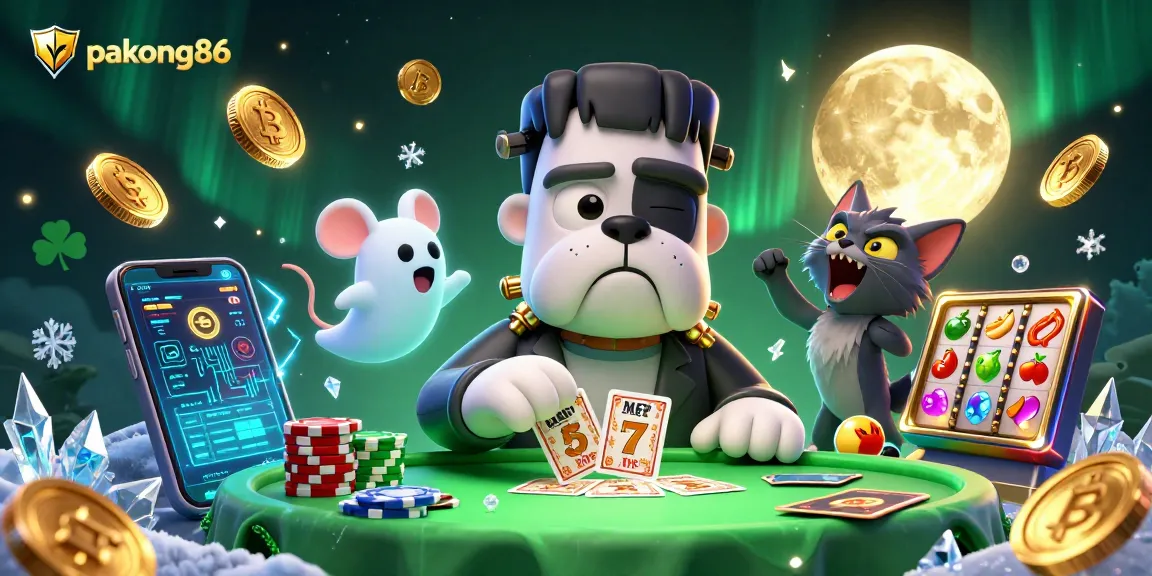 pakong86 captures the action of a Frankenstein bulldog monster dealing cards at a spooky casino table