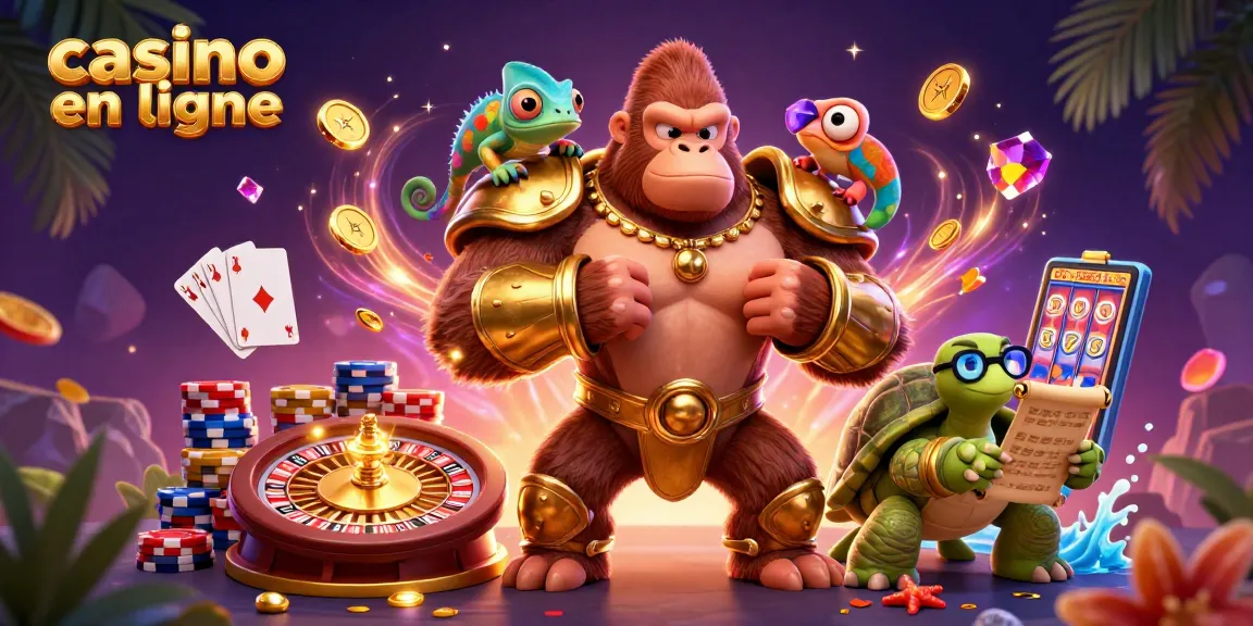Animations captivantes au casino en ligne avec un gorille, un caméléon et une tortue.