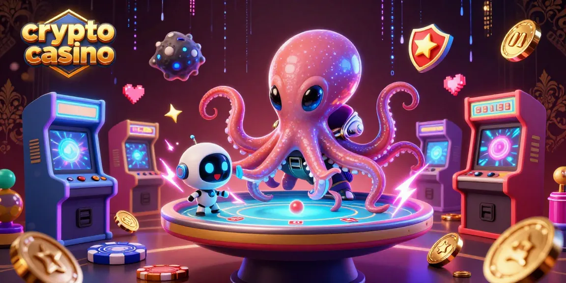 Gioca nel crypto casino con un polpo alieno mentre gestisce un tavolo da poker olografico in un ambiente vibrante.