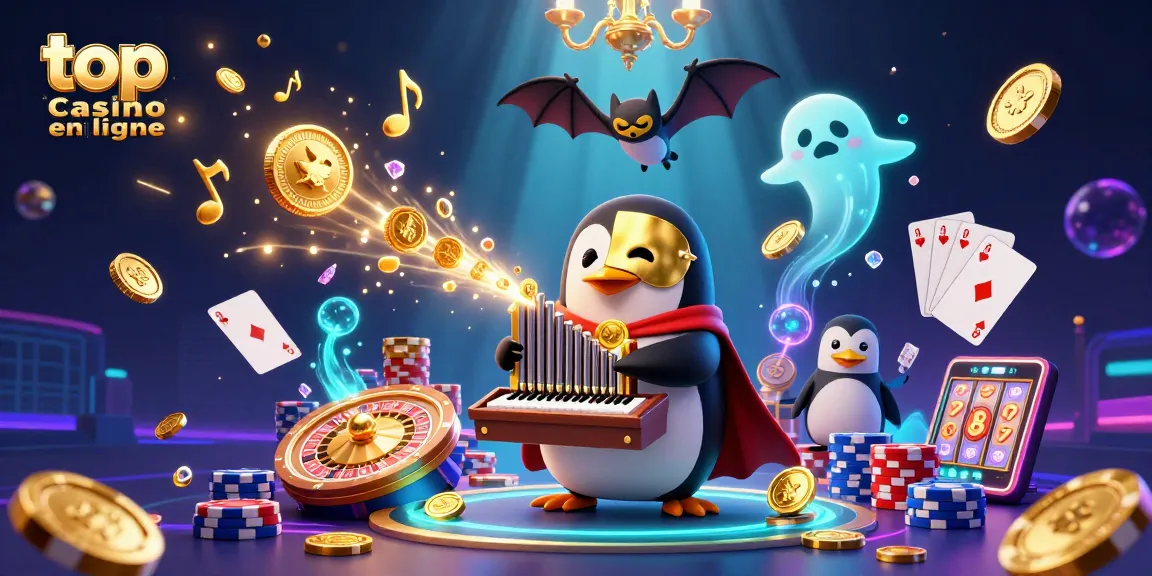 Visitez le meilleur casino en ligne avec un pingouin opéra jouant un orgue et des pièces dorées au centre de la scène.
