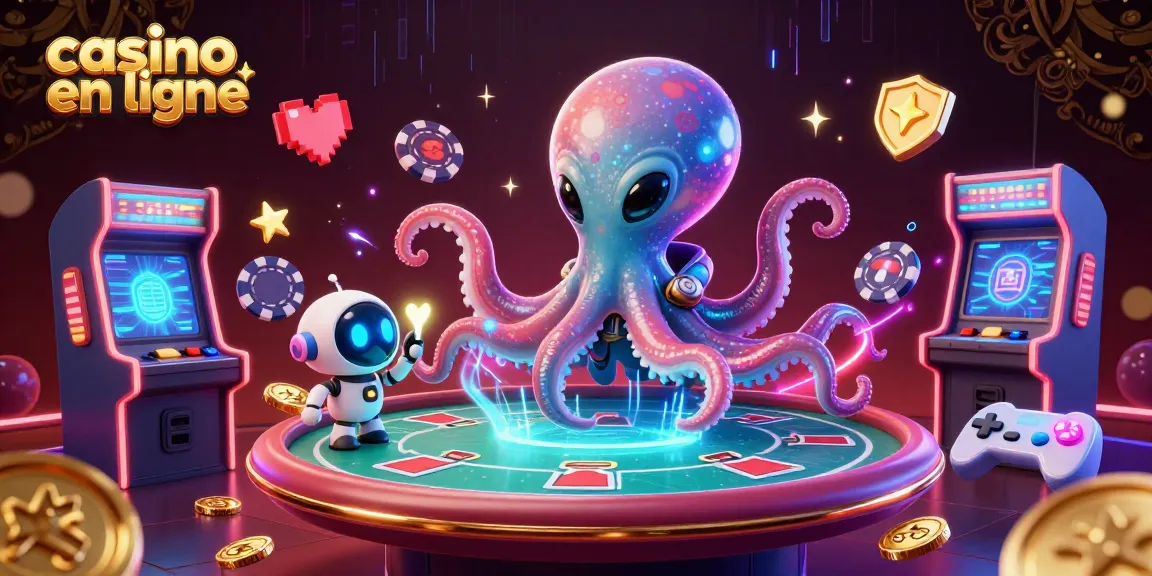 Une illustration d'un casino en ligne avec un poulpe extraterrestre, une table de poker holographique et des jetons colorés.