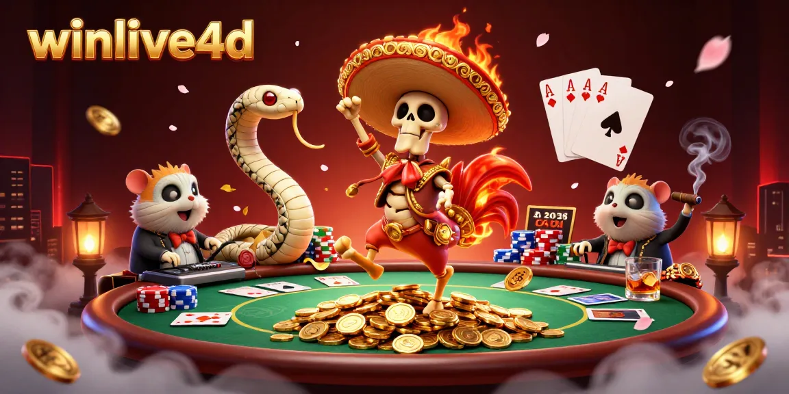 Winlive4d showcases a festive melee with a dancing mariachi rooster and poker elements set against a vibrant casino backdrop.