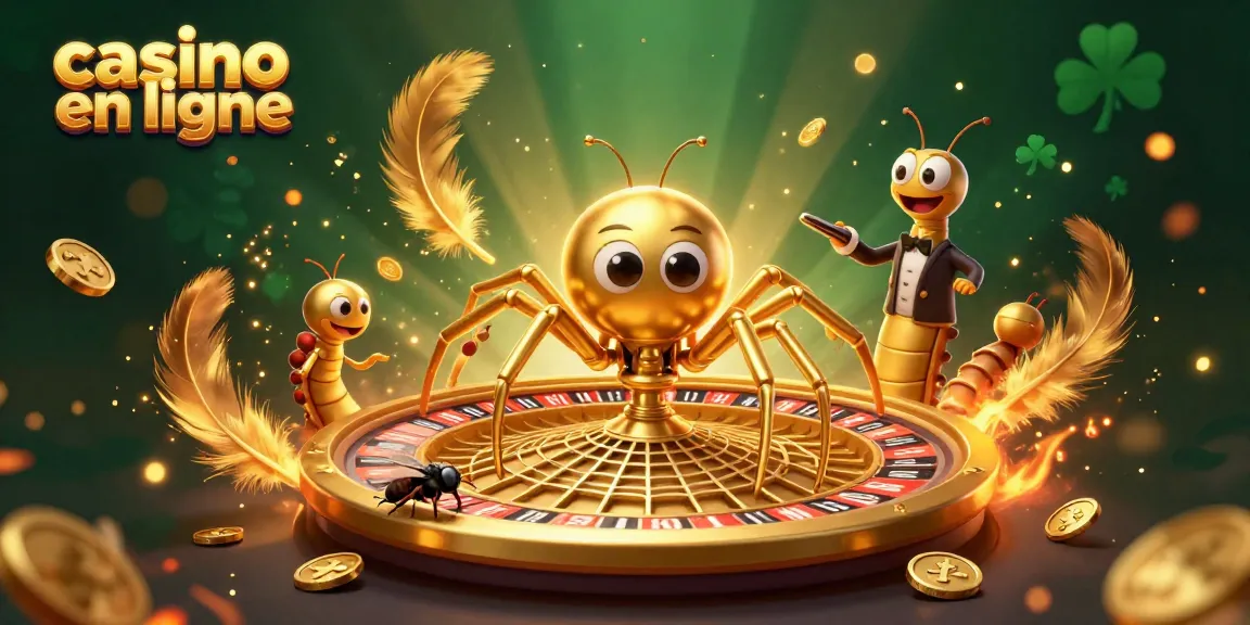 Illustration d'une araignée dorée dans un casino en ligne, faisant tourner une toile en forme de roulette.