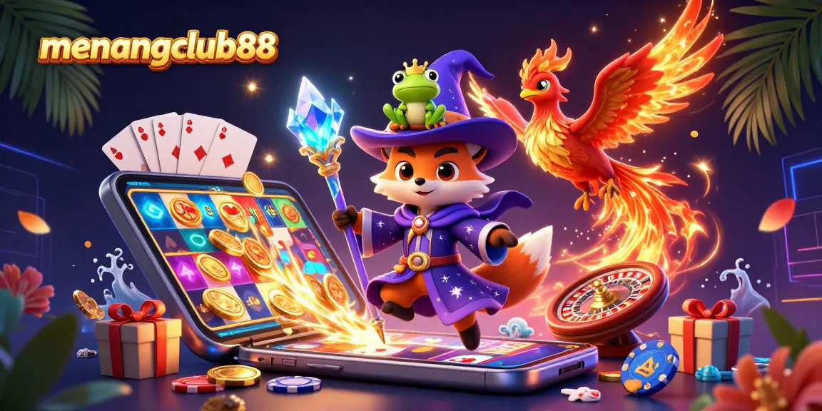 Engage with the vibrant gaming world of menangclub88 through this dynamic 3D illustration of a wizard fox.