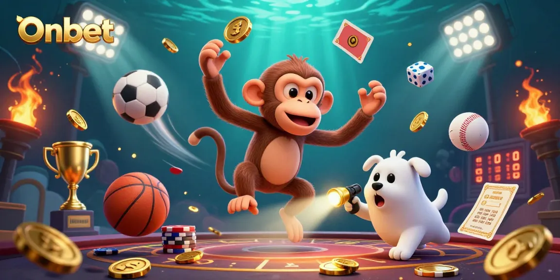 Onbet showcases a spirited poltergeist monkey and ghost-hunter puppy in a vibrant casino scene, juggling golden gambling elements.