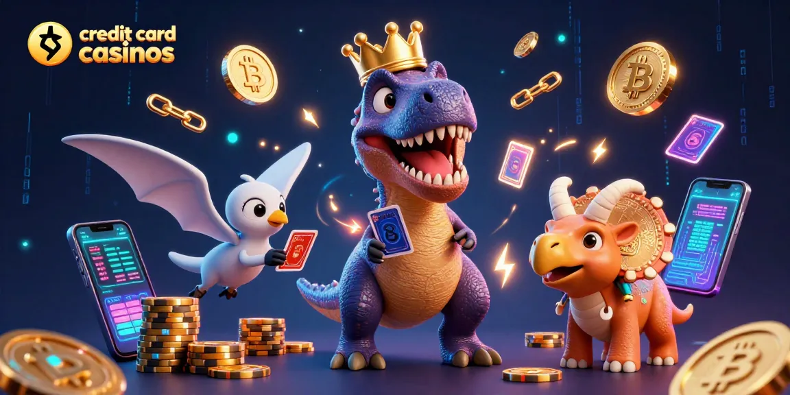 Engage with credit card casinos featuring a cartoon T-Rex shuffling cards while a pterodactyl assists in a vibrant casino scene.