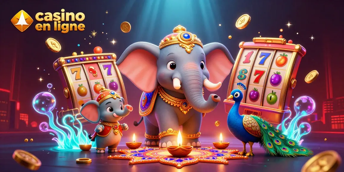 Plongez dans l'univers du casino en ligne avec un éléphant et un paon, entourés d'éléments de jeux riches.