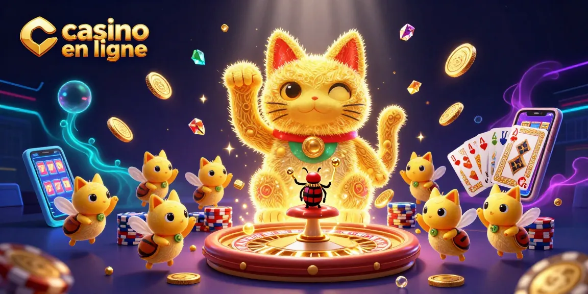 Jouer au casino en ligne avec des symboles chanceux et des jetons colorés, ambiance festive.