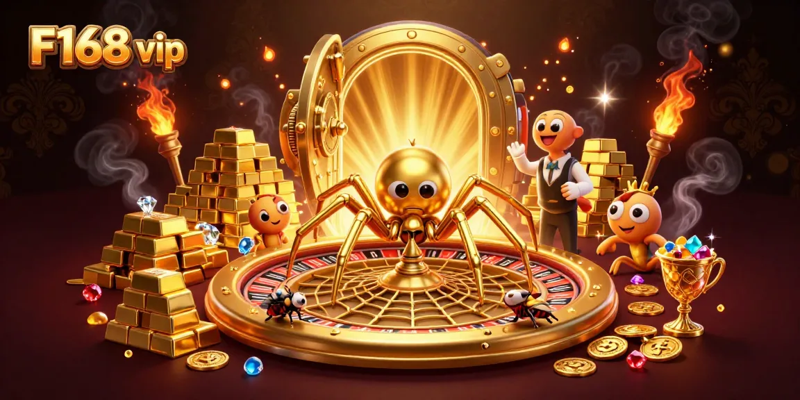 Experience the excitement of F168 vip casino with a golden spider and croupier in a vibrant scene.
