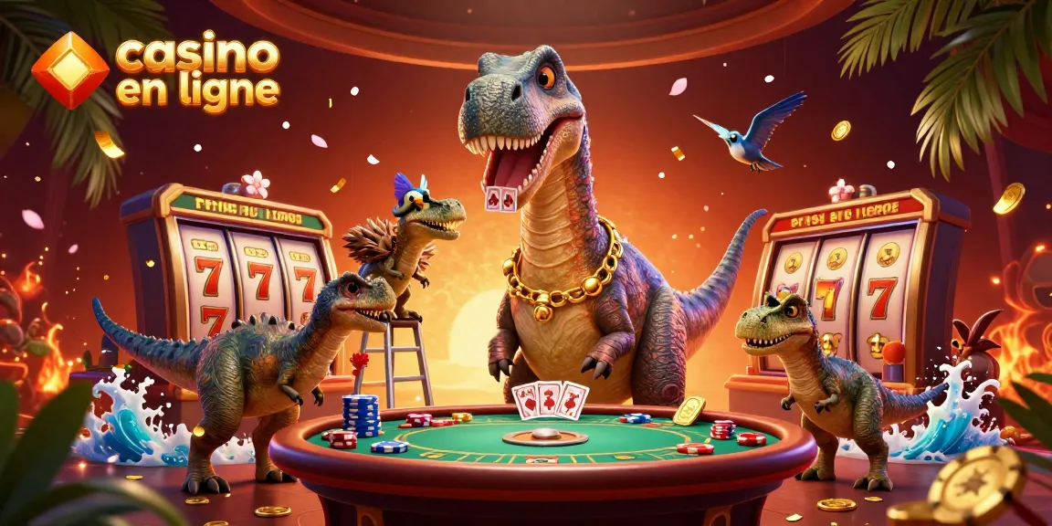Illustration 3D d'un brontosaurus dans un casino en ligne avec des éléments de jeu animés.