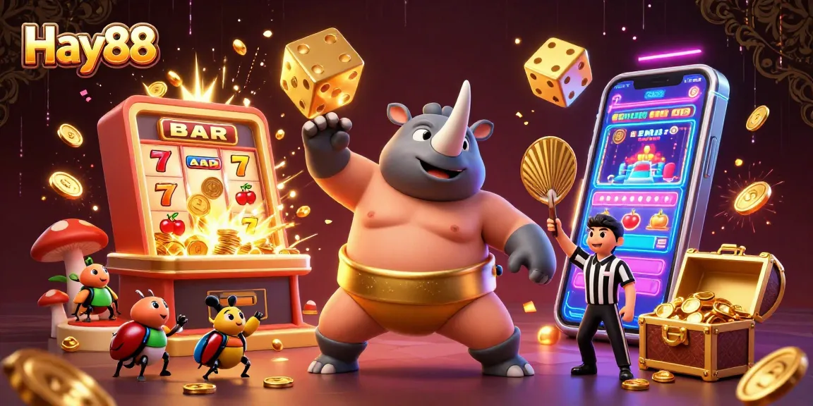 Hay88 players enjoy thrilling wins in a vibrant casino scene with a sumo beetle champion.