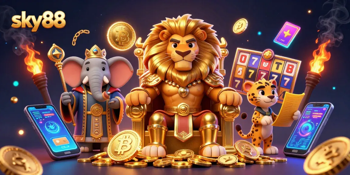 Engage with sky88's vibrant casino atmosphere featuring a lion king on a throne surrounded by crypto elements.
