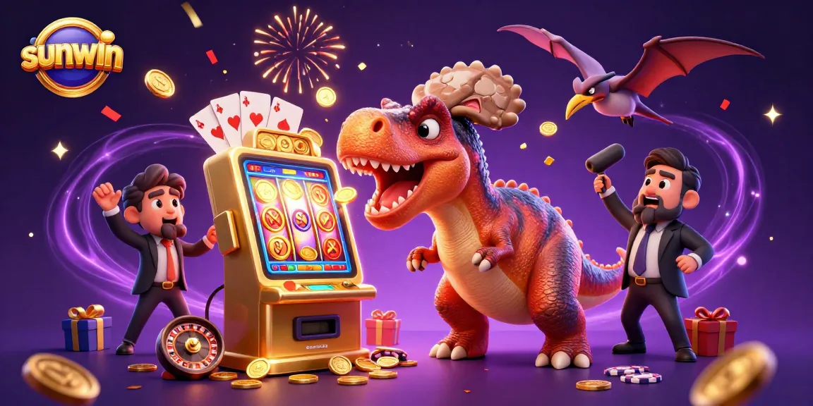 Catch jackpots with sunwin as a dinosaur headbutts a slot machine in a vibrant casino scene.