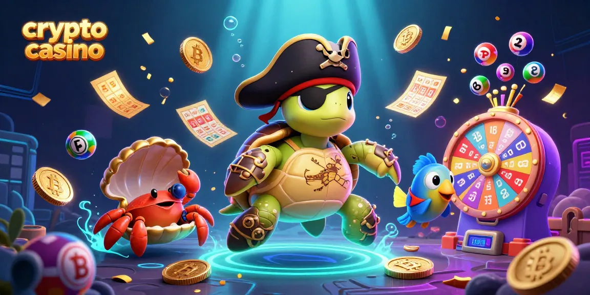 Profitez du jeu dans un crypto casino avec une tortue pirate et des éléments de blockchain.