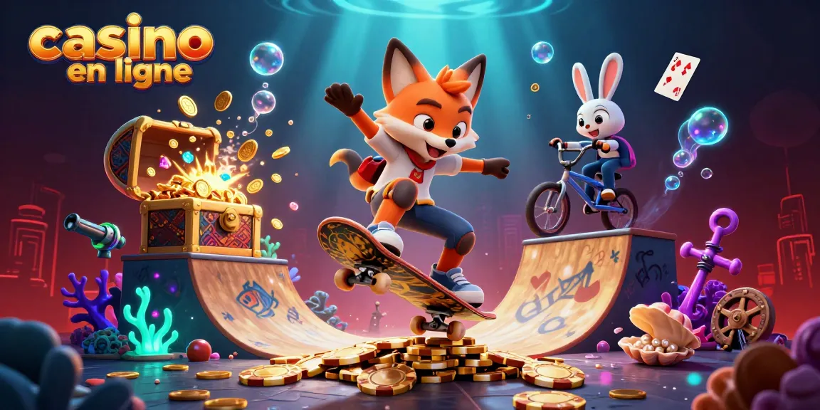 Illustration dynamique de personnage de casino en ligne avec un renard faisant un kickflip sur des jetons dorés