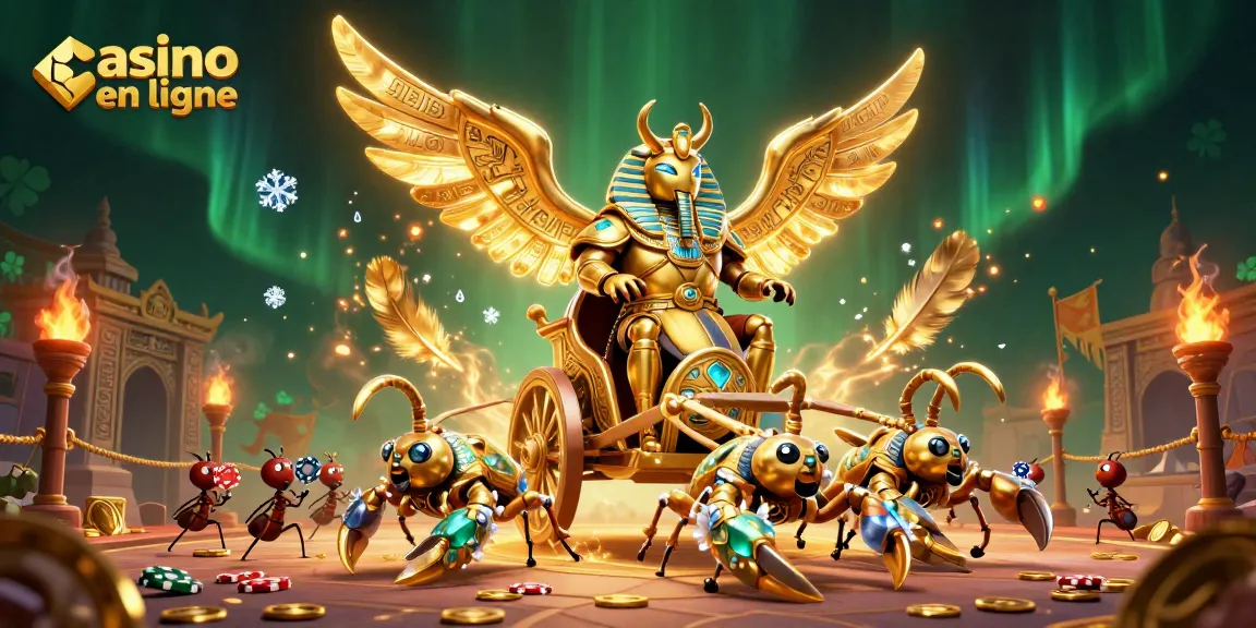 Illustration dynamique de casino en ligne avec un scarabée doré et des scorpions, remplis de jetons et de pièces