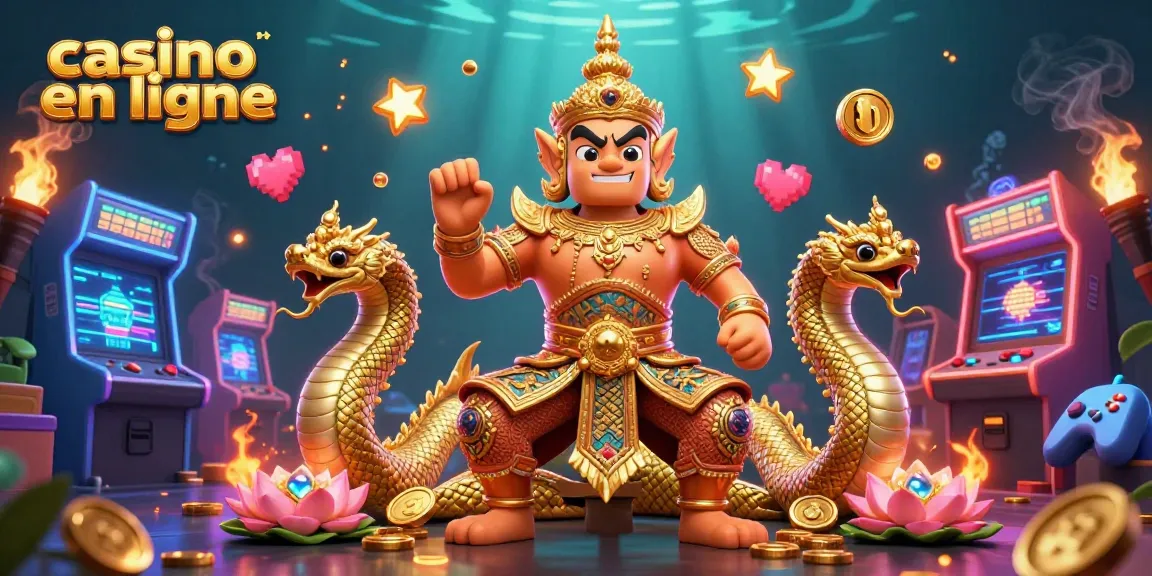 Plongez dans l'univers captivant du casino en ligne avec une illustration de temple gardien thaï entouré d'éléments de jeu.