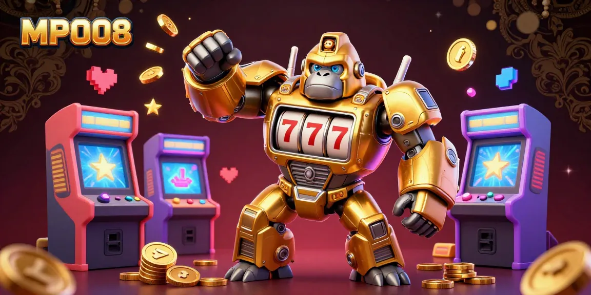 MPO08 brings excitement to casino games with a vibrant 3D illustration showcasing interactive elements and a golden gorilla mech.