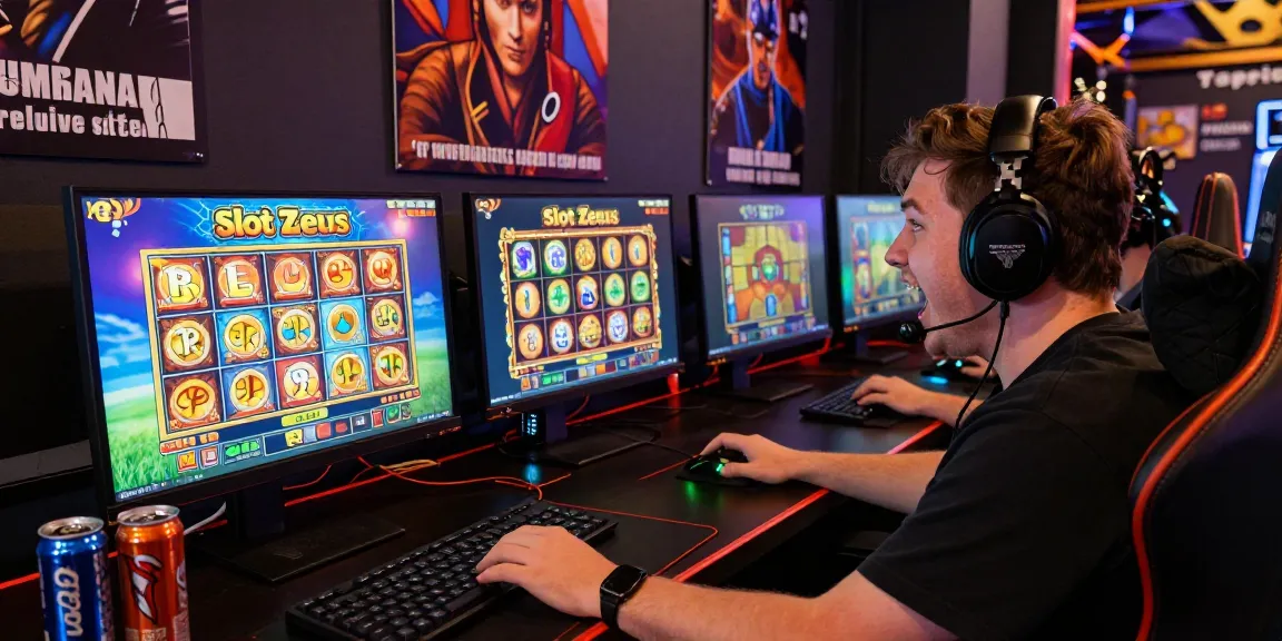 Excited player at a computer gaming on situs raja Slot Zeus with vibrant visuals.