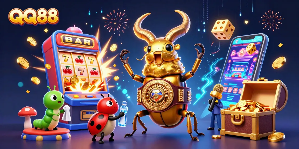 Engage with the exciting QQ88 casino experience featuring a dynamic 3D illustration of vibrant gaming elements.