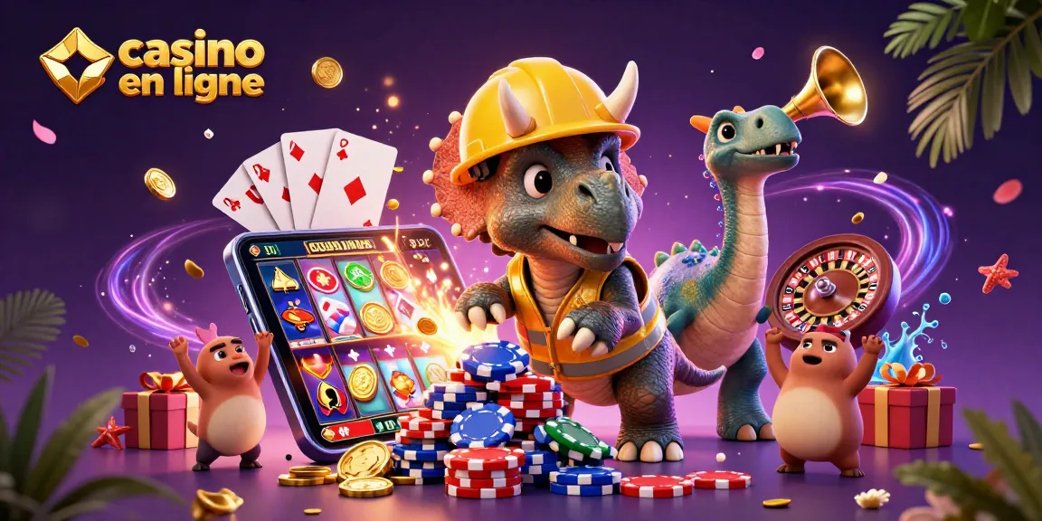 Découvrez un triceratops construisant une pyramide de jetons de poker pour le casino en ligne.