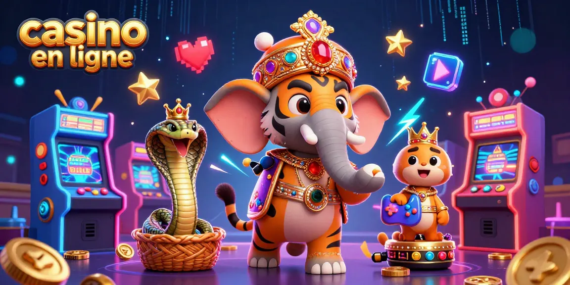 Illustration 3D dynamique de casino en ligne avec un tigre maharaja et un éléphant décoré, entouré de machines à sous et de jeux colorés.