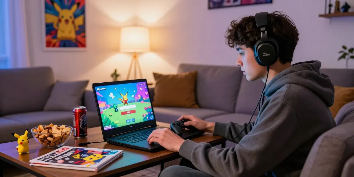 Focused gamer enjoying online play with pokemontoto login on vibrant laptop in cozy living room.