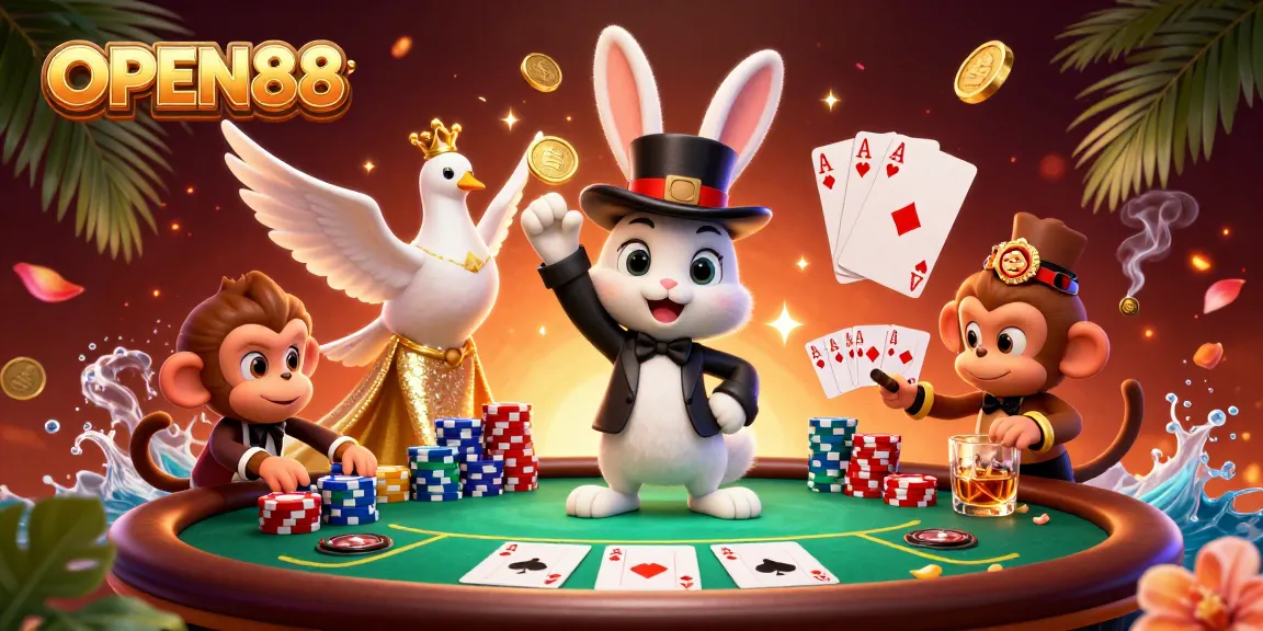 Experience the magic of OPEN88 with a lively 3D illustration featuring a magician, dove, and monkey in a casino.