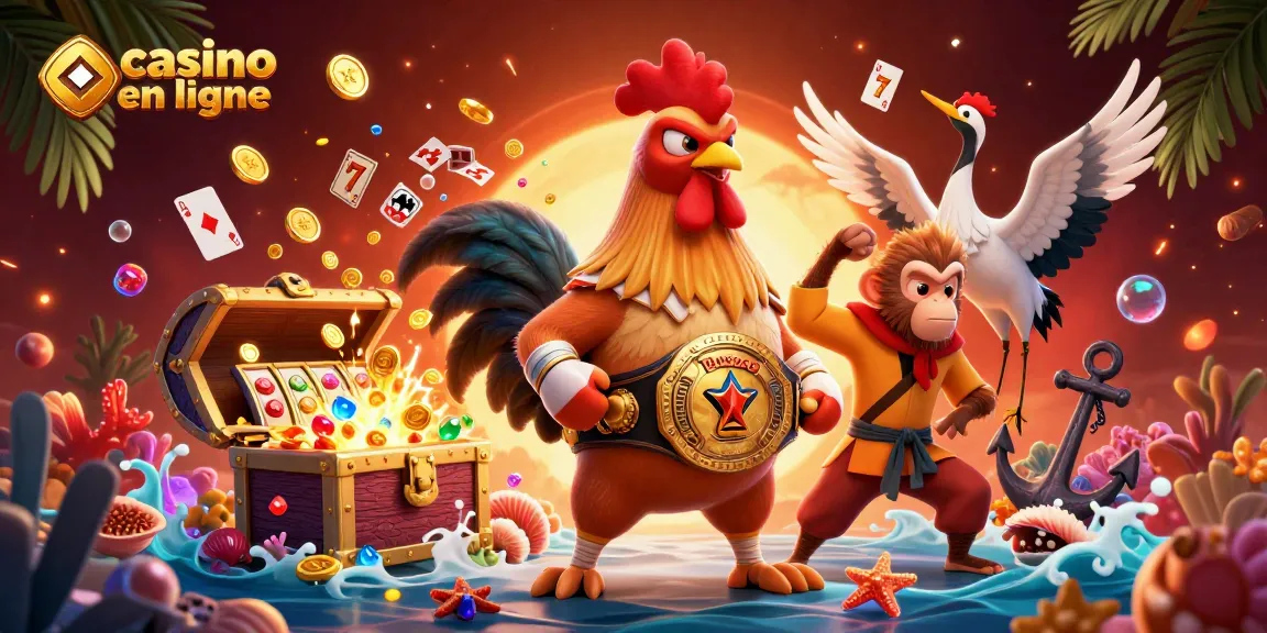 Découvrez le casino en ligne avec des personnages animés jouant autour de machines à sous et de trésors.