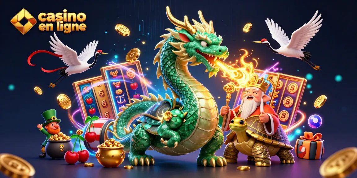 Illustration dynamique de dragon émeraude et sage tortue pour casino en ligne, symbolisant chance et gains.