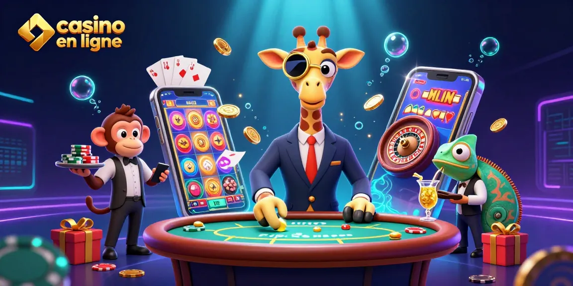Un joueur au casino en ligne avec une girafe, un valet et un mixologue dans une scène vibrante