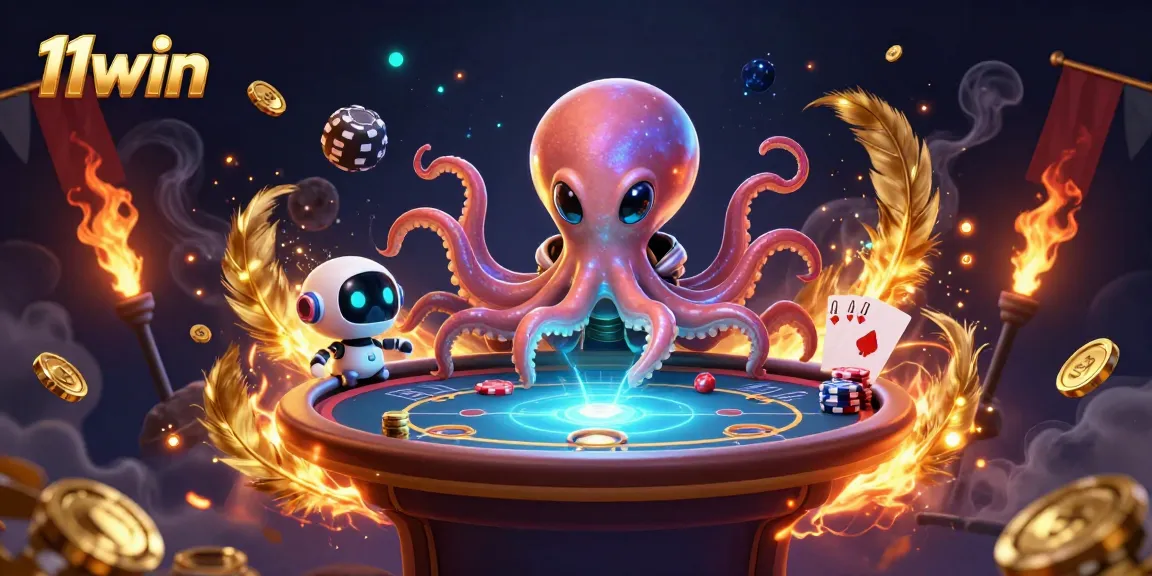 Play poker with excitement at 11win featuring a cosmic octopus and robotic companion.