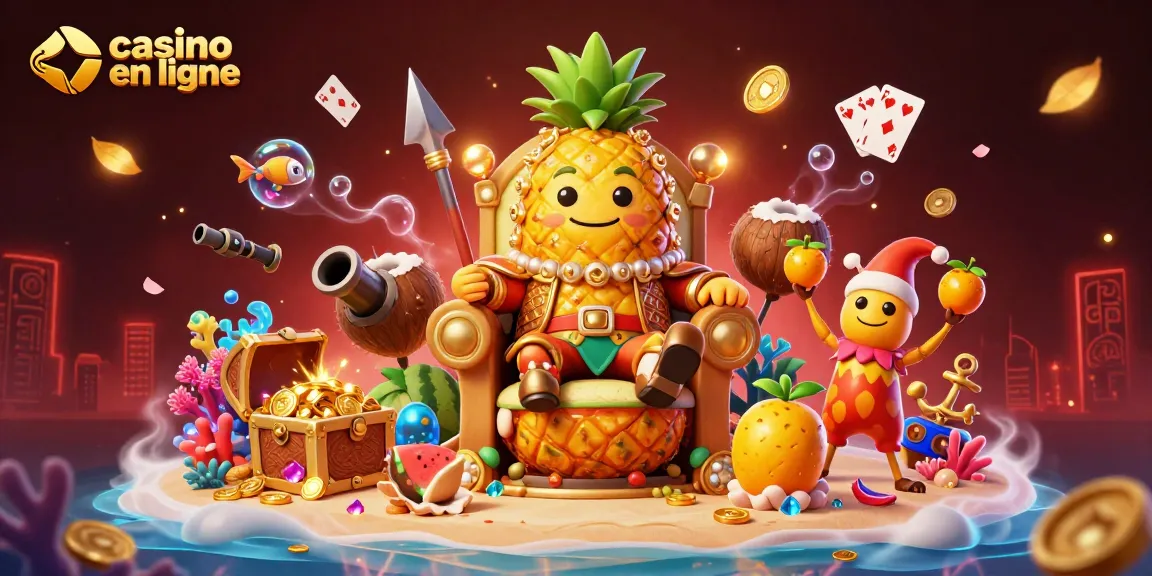Jouez au casino en ligne avec le roi ananas magistral et ses gardes sur une plage animée.